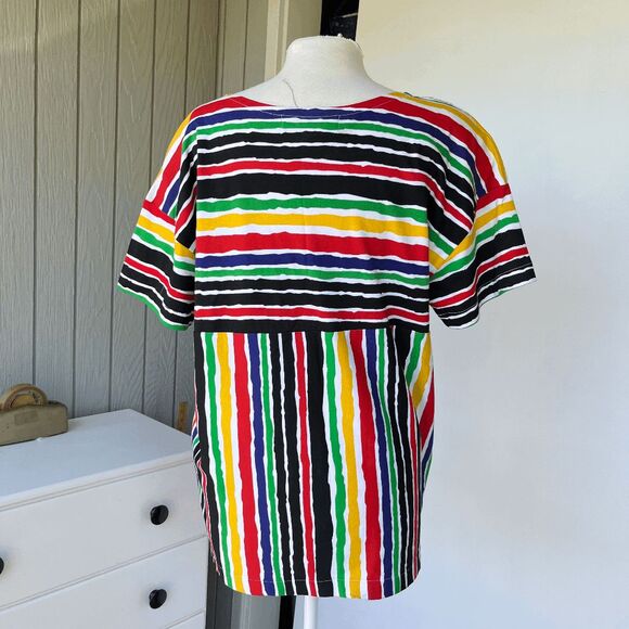 VTG 1991 Spree Sport Rainbow Stripe Sequin Top Black Cotton T-Shirt SZ M - Picture 1 of 9